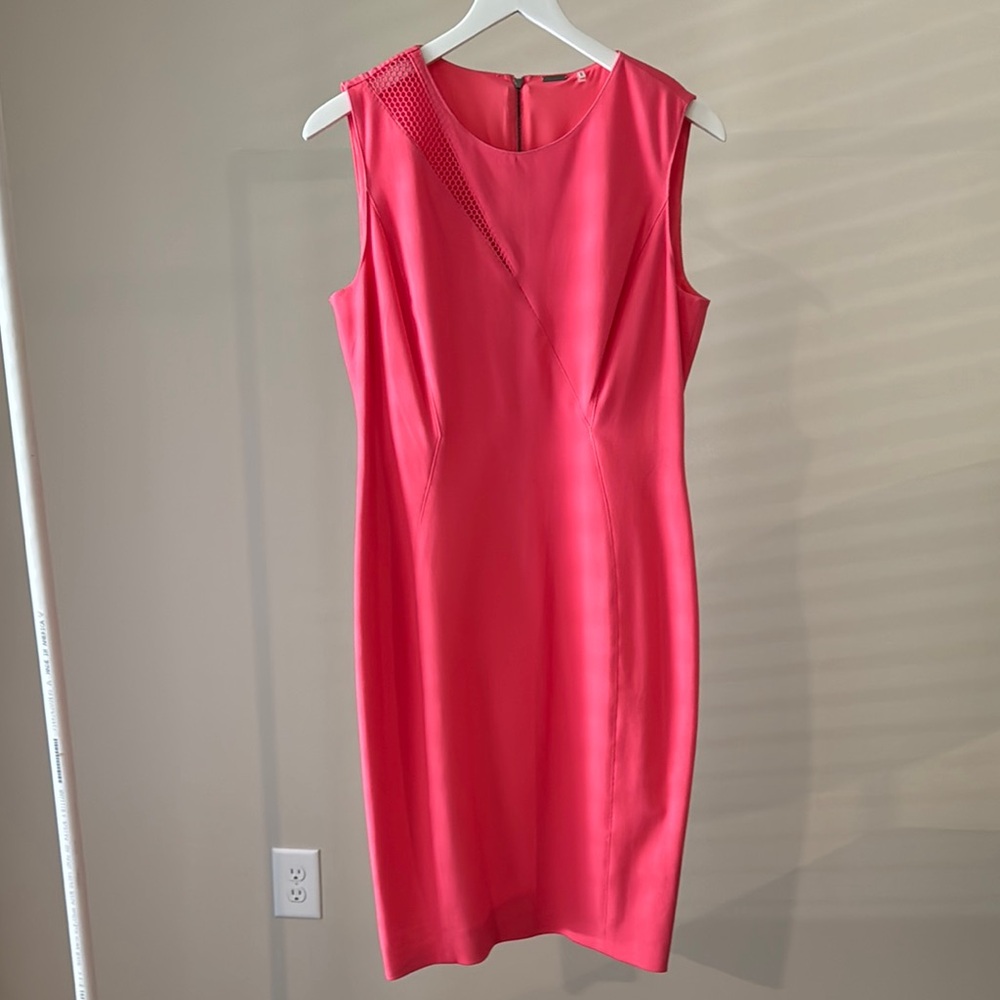 Elie Tahari Bright Coral Sheath Midi Dress  - Symmetrical Sleeveless